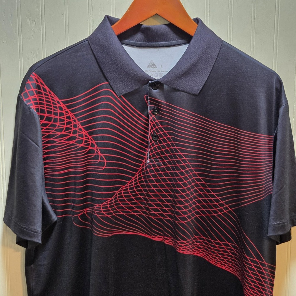 Mens Black Red Geometric Graphic Polo Shirt Short Sleeve Stretch Size L YY108